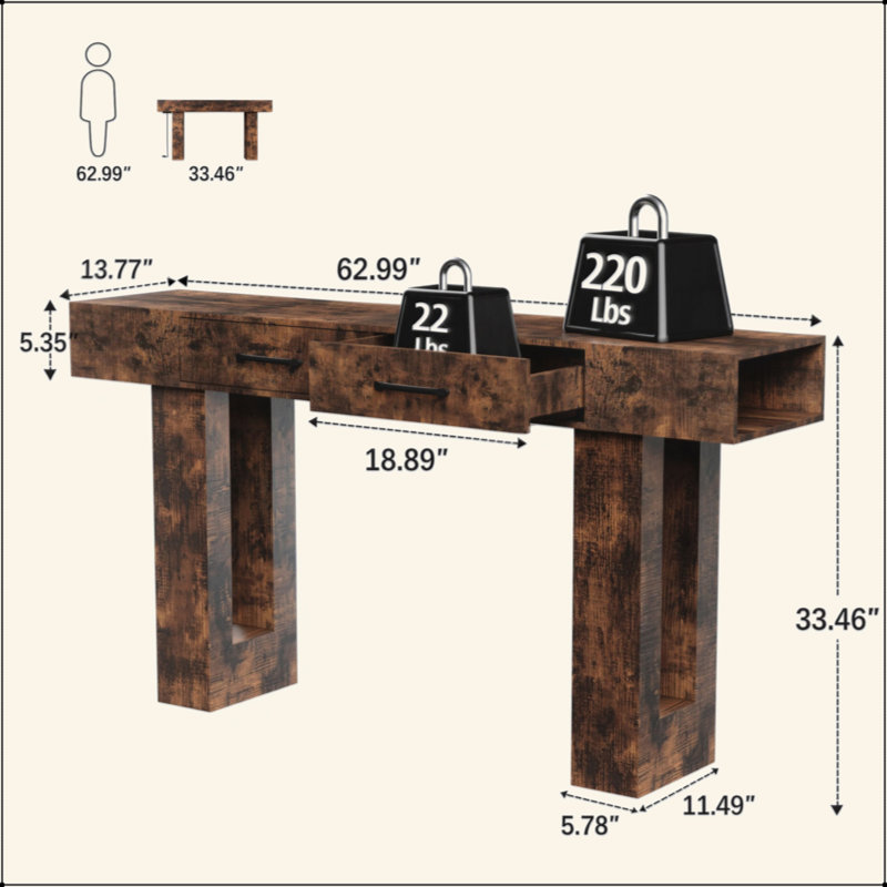 Console de 63 pouces de long, canapé rectangulaire en bois derrière le canapé, table d'entrée de style campagnard pour entrée, couloir, salon