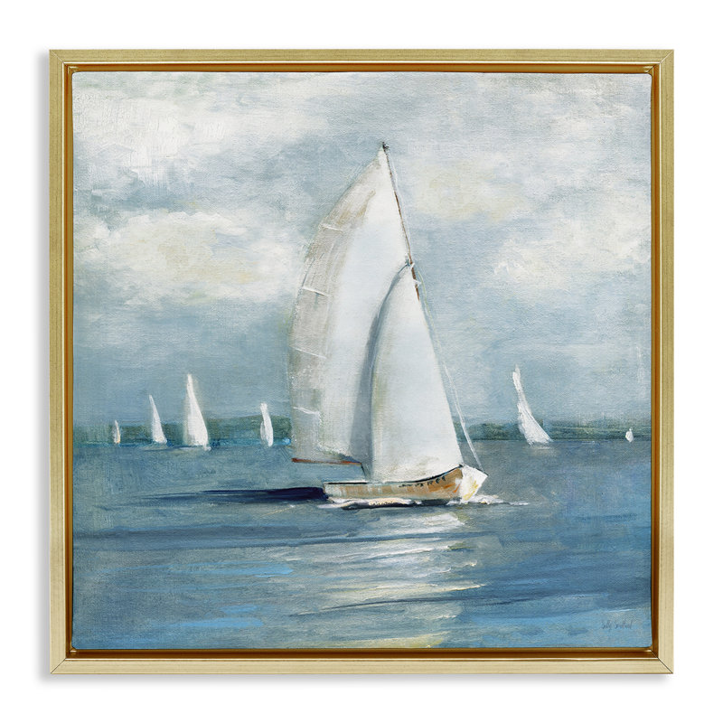 Voilier de croisière, paysage marin, Cadre flottant métallique doré, H 18 po x l 18 po