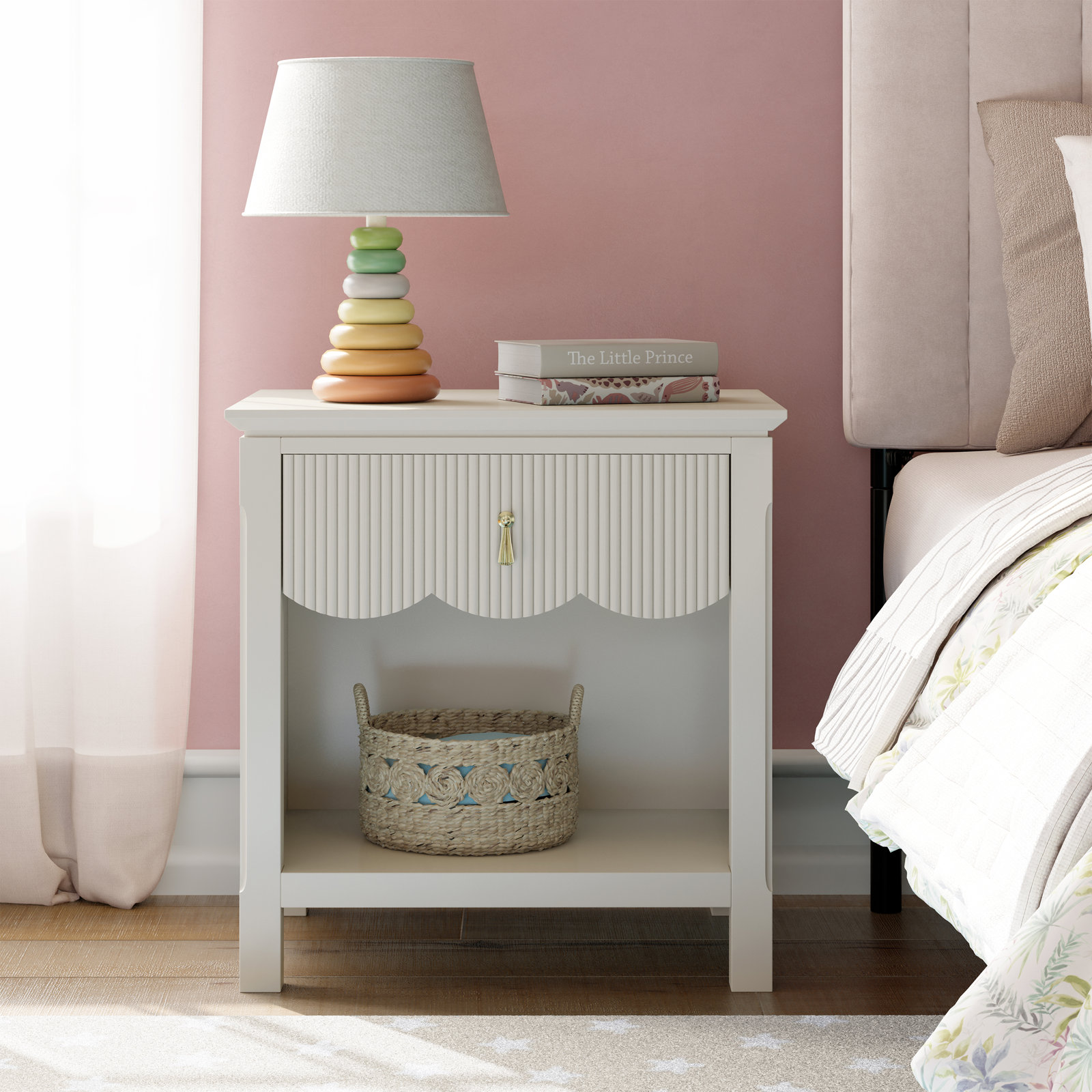 Mortola Wood 1 Drawer Reeded Nightstand, Cream