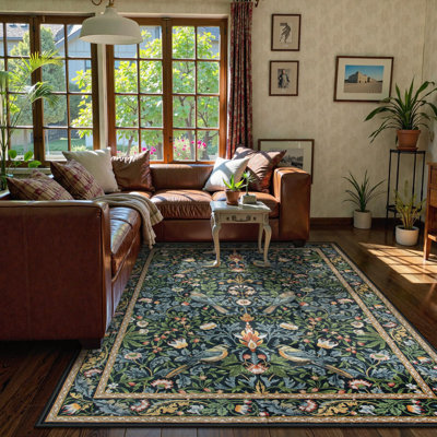 Vintage Botanical Bird-Print Machine-Washable Low-Pile Area Rug with Non-Slip Backing