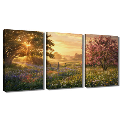 Reproduction d'art sur toile, lever du soleil, prairie, fleurs sauvages, campagne, paysage, paysage