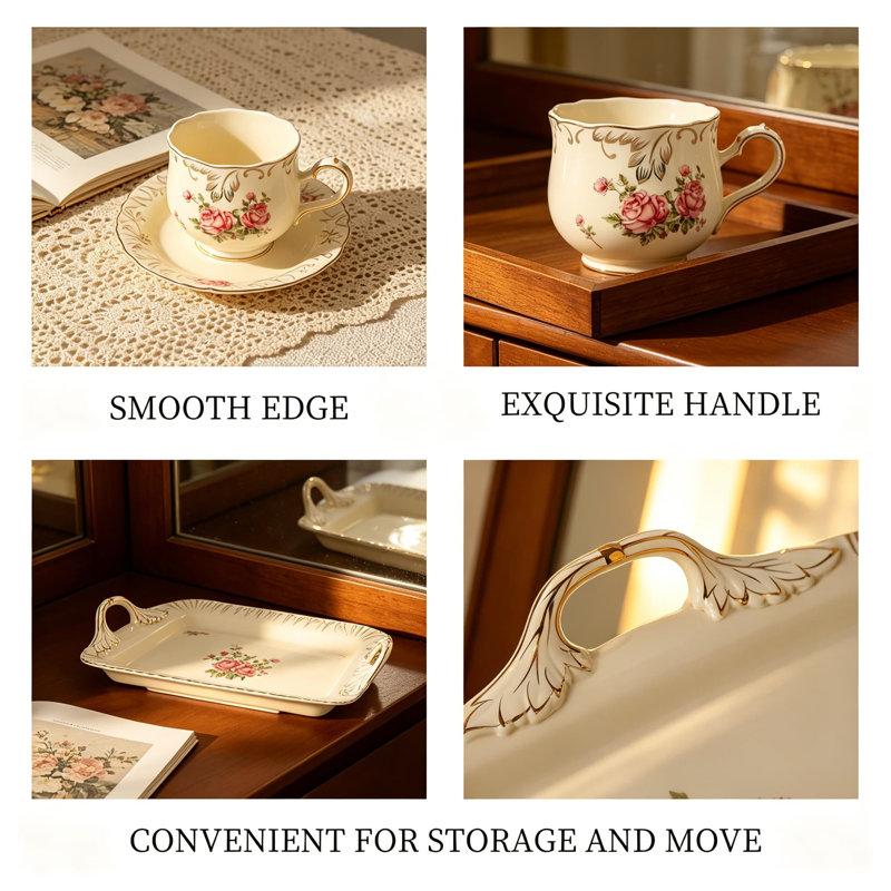 Service à thé en céramique pour 4 personnes, motif rose avec 4 tasses, cuillères, sucrier, bouilloire et plateau de rangement avec plateau amovible, parfait pour une fête à domicile ou un service de mariage