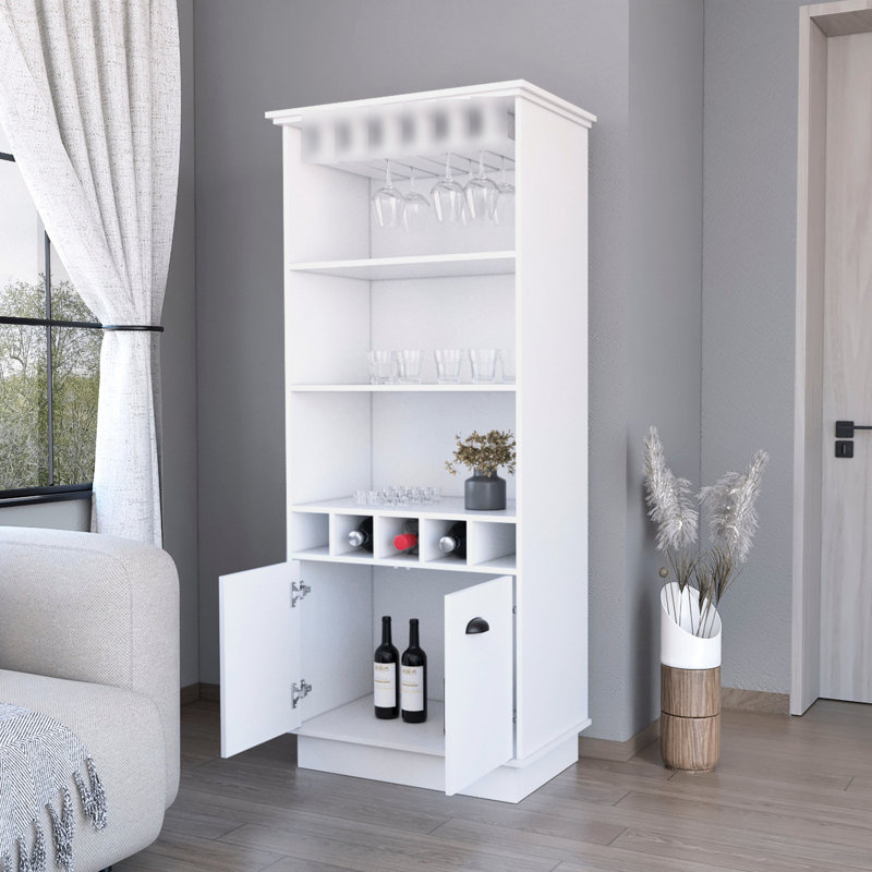 Bar blanc avec support à verrerie efficace - 3 tablettes, 5 bouteilles, fabriqué avec des matériaux de qualité pour la construction de maisons