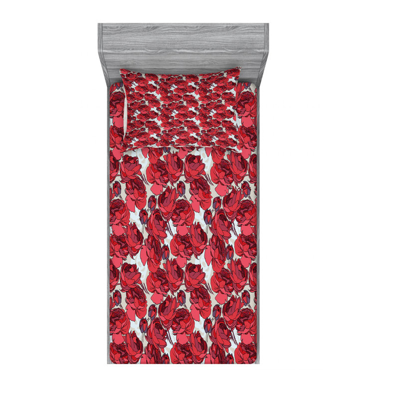 Ensemble de draps floral à fleurs graphiques roses, Ensemble de draps pour lit simple TG avec drap-hou