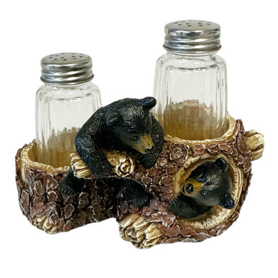 Polyresin Black Bear Cub Friends Woodland Forest Stump Salt and Pepper Shaker Holder Set