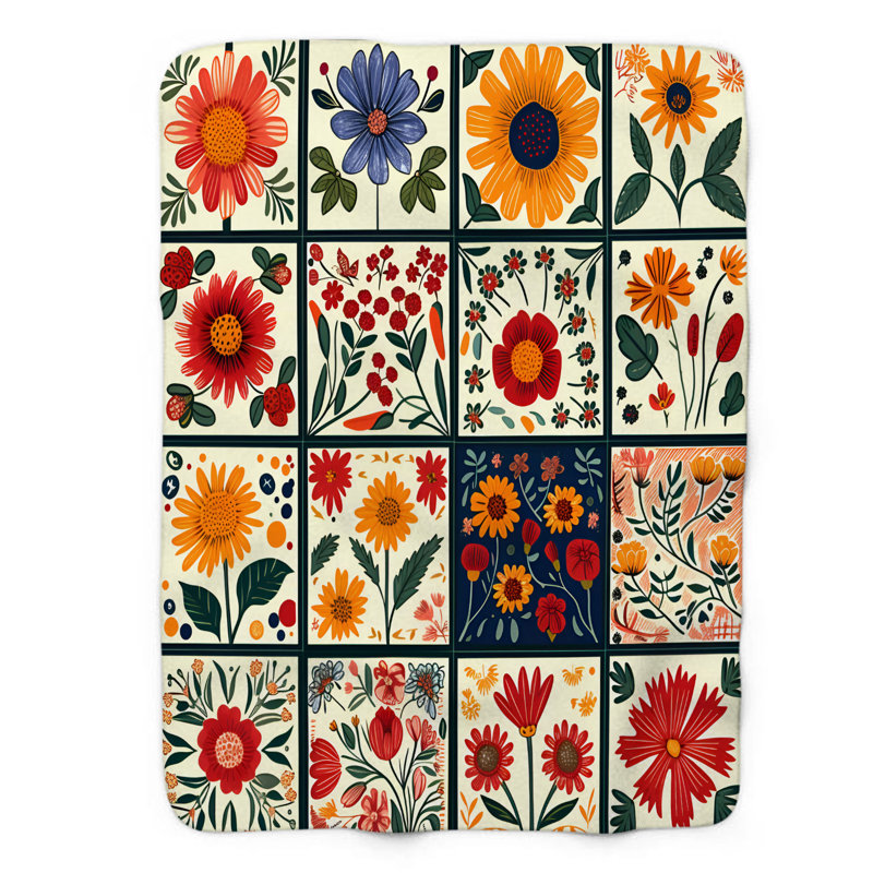 Jeté Floral Fusion Patchwork - 1 pièce Sherpa B Premium, Lit simple