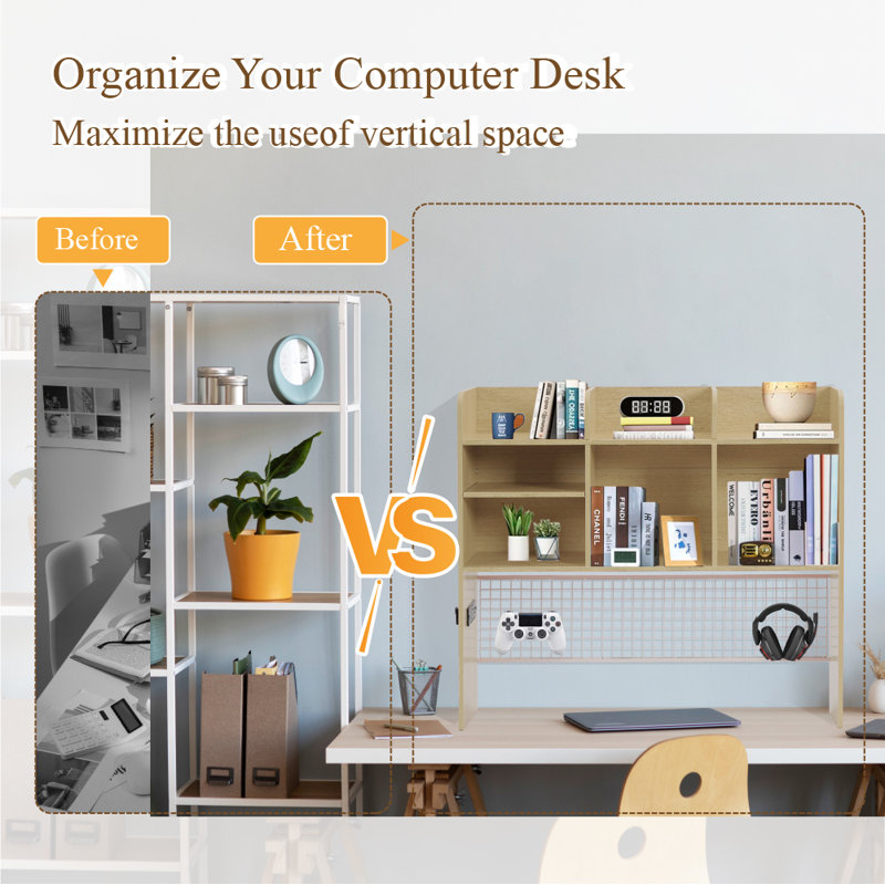 Furnier Desktop Bookshelf With 7-compartment Organizer & Grid Panel, Natural