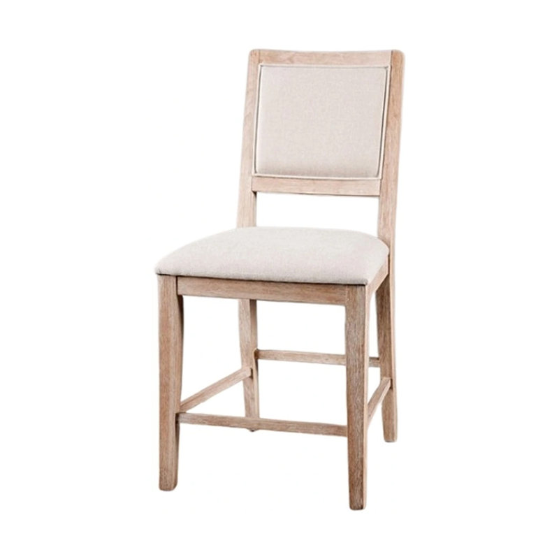 Ensemble de 2 chaises de comptoir Ellon, bois brun naturel vieilli, tissu crème