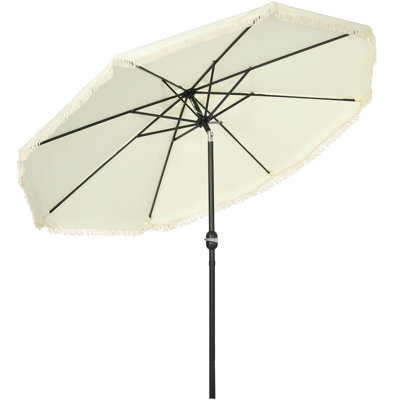 9Ft Patio Umbrella With Tilt And Crank Signal Identifier, Cream White Ruffled Tassels, 8 Ribs For Garden Deck Pool Scene - Stain-, Garden, Deck,