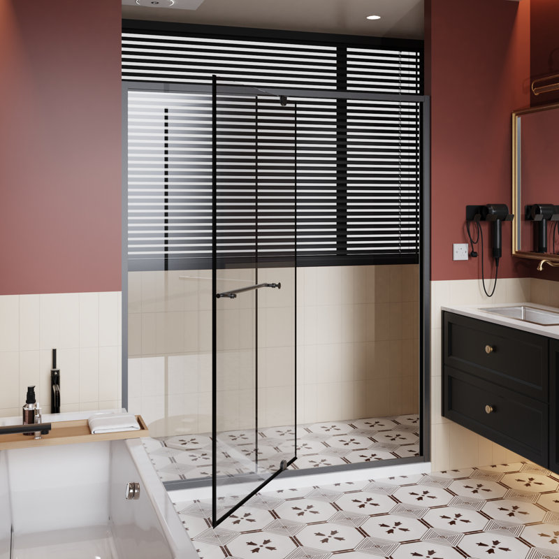 60 In Width 72 Height Pivot Swing Shower Door, 1/4 Inch Clear , Black Aluminum Frame, Magnetic Seal For Silent Closing, Adjustable Guide Wide Tall Thick Stainless Steel Handle, Width,
