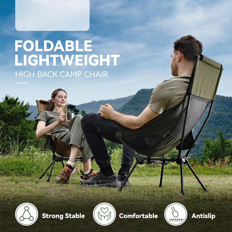 Lightweight Folding High Back Camping Chair With Head Support, Stable Portable Compact For Outdoor Camp, Travel, Beach, Picnic, Festival, Hiking, Backpacking