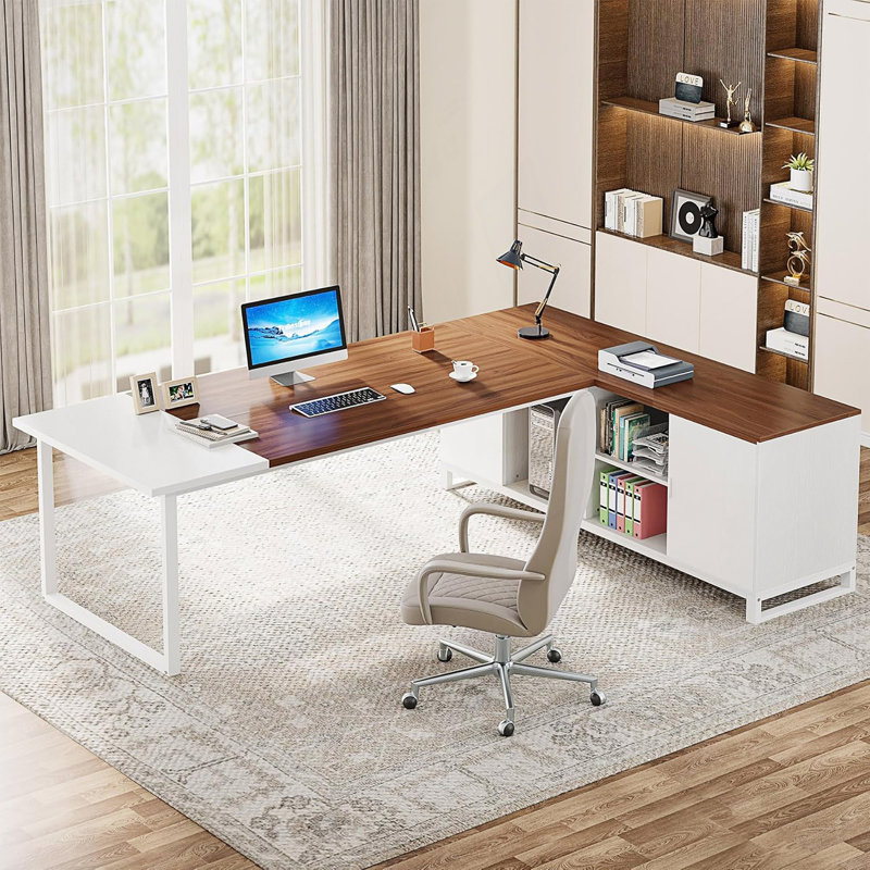 Bureau de direction avec classeur, grand bureau d'ordinateur en forme de L, White+Walnut/White
