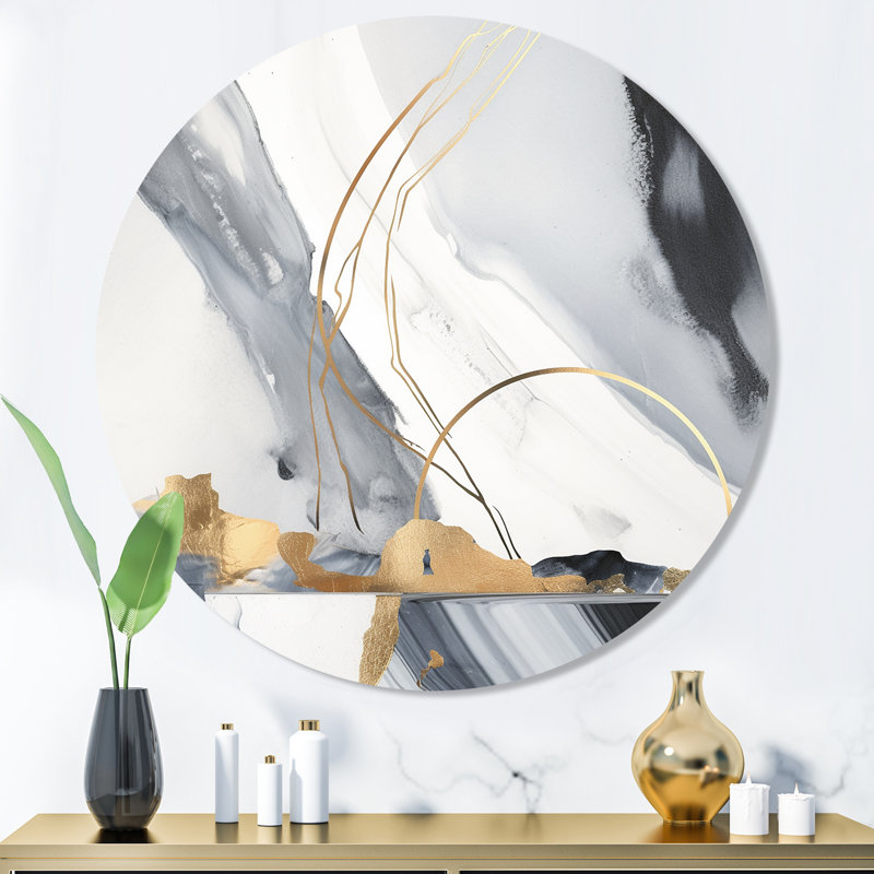 Fusion de marbre noir et or noir III - art abstrait rond en marbre sur métal, H 36 po x l 36 po x P 1 po