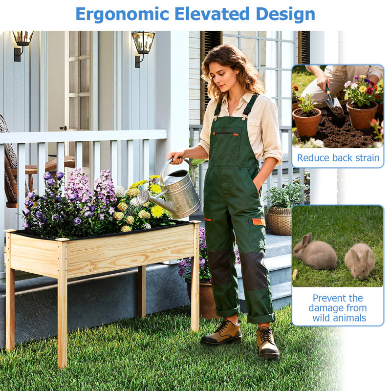  Wooden Raised Garden Bed w/Legs Liner Drainage Holes Large Planter Box for Herb, 1