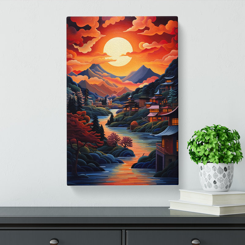 Japanese Sunset Cubism - Wrapped Canvas, 60cm H x 40cm W x 3cm D