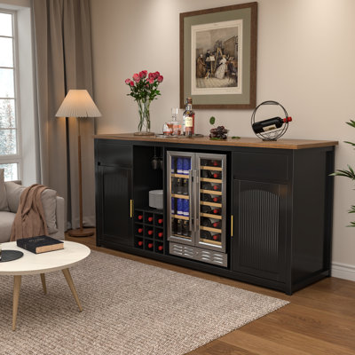 Bar extra-long avec espace pour réfrigérateur, armoire à vin moderne avec rangement et prise de courant, buffet avec portes cannelées pour la maison, 78,7 po, noir