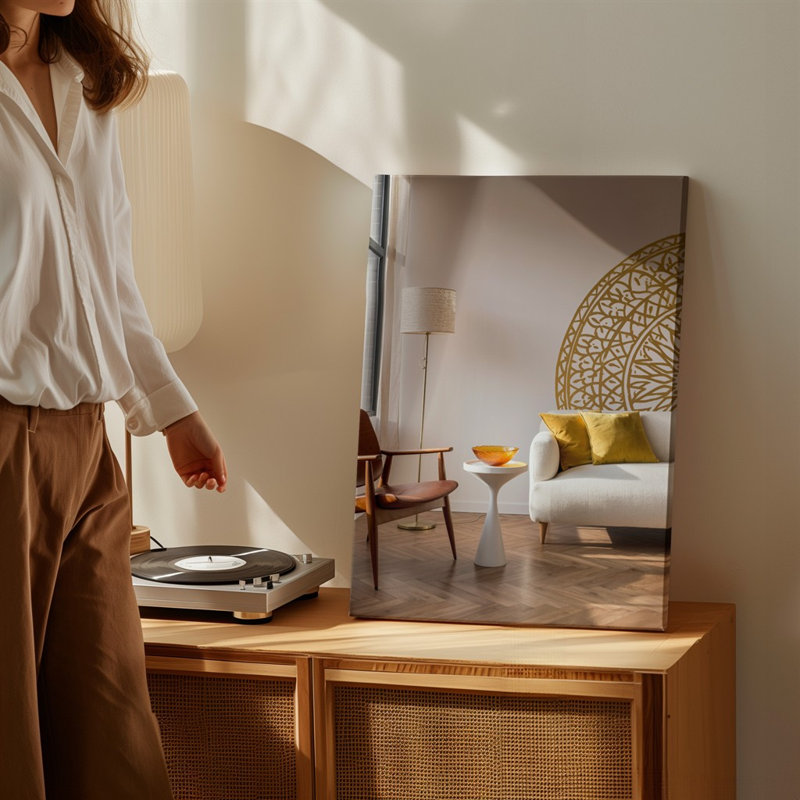 Toile «A Cozy Living Room Doting», un design minimaliste moderne mis en valeur par un grand mandala doré à motif complexe