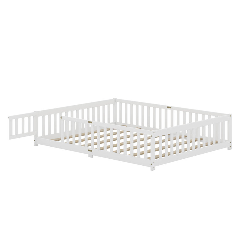 Queen Floor Bed With Safety Guardrails, White