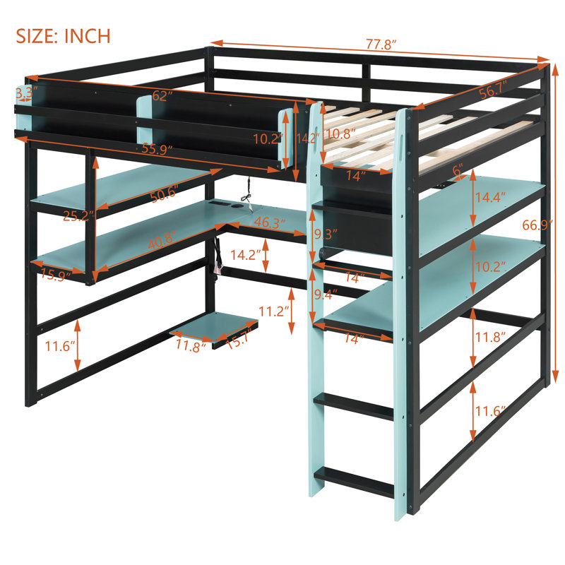 Modern Gaming Loft Bed With Lighted Desk, Storage Bookcase, Racks And Power Outlets, Full, Blue