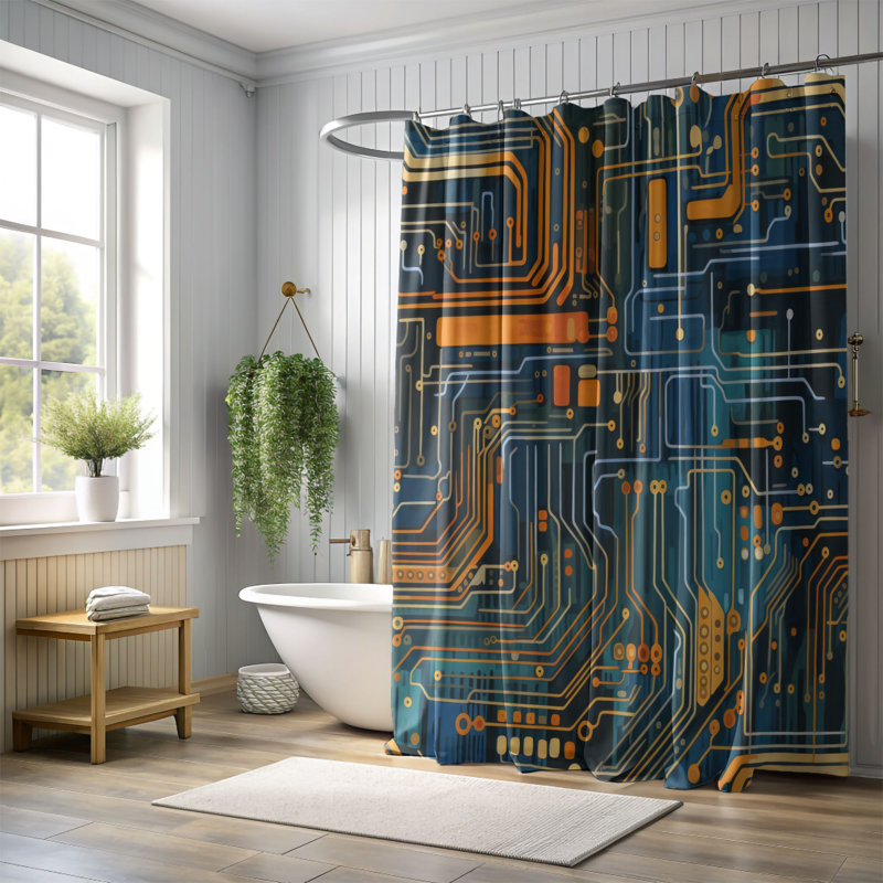Circuitry - Rideau de douche Premium, H 74 po x l 71 po, Orange / cuivre, Sentiers numériques