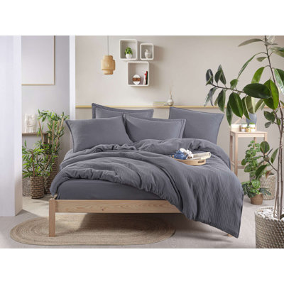 Luxurious Muslin Double Quilt Cover Set, 100% Cotton, Includes 79 x 87 in Duvet Cover, 94 x 102 in Satin Flat Sheet, 27.6 x 27.6 in (2) Muslin & 19.7 x 27.6 in (2) Satin Pillowcases | Machine Washable, Elegant Fume Color