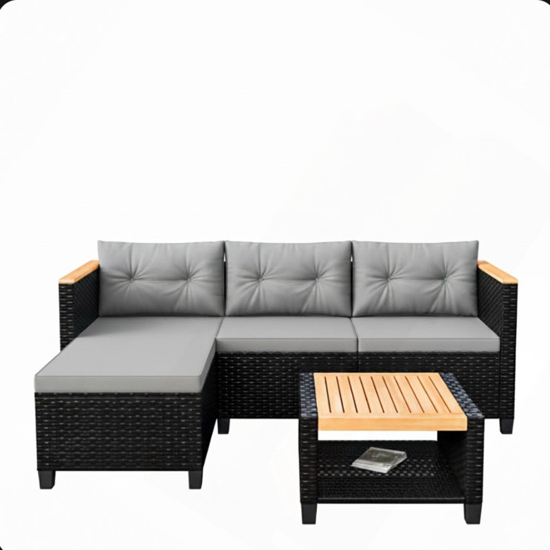 Ensemble de patio en osier 3 pièces avec coussins et table de rangement en bois d'acacia, Coussin gris / cadre noir