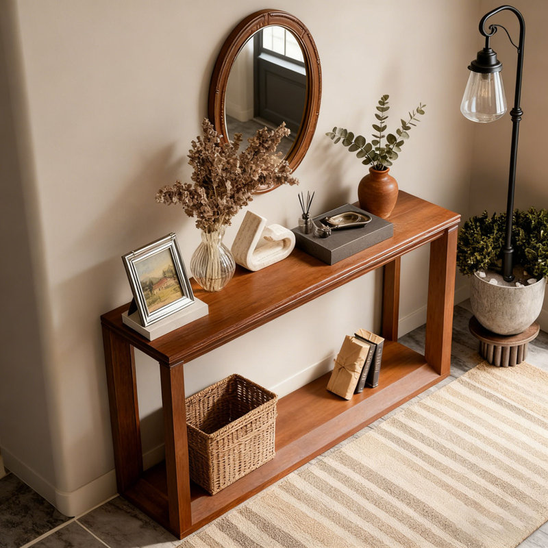 Console rectangulaire de 60 po en placage de bois massif, table de canapé large, table de canapé derrière avec amplement de rangement pour le vestibule et le salon