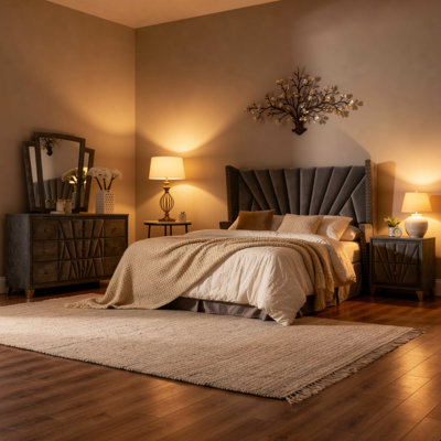 Ino 4Pc Queen Bedroom Set With Wingback Headboard, Gray Upholstery