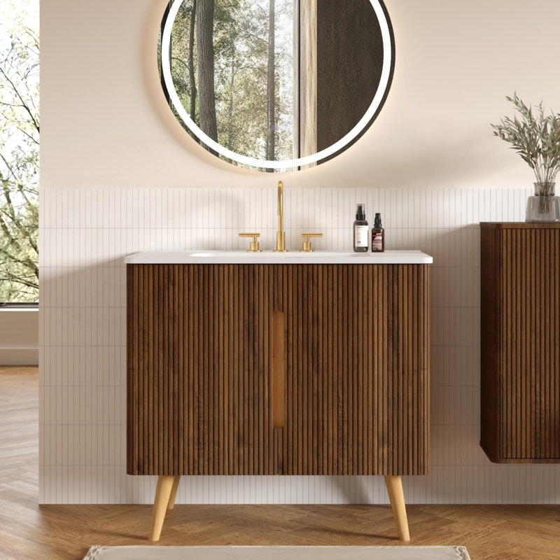 Meuble-lavabo 36 po en noyer rayé avec lavabo blanc Carrara, Centerset