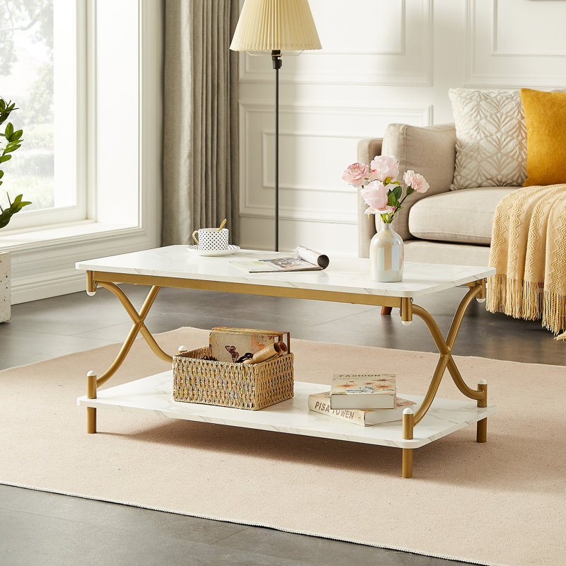 Kempst Coffee Table with Storage Shelf, Rustic Farmhouse White Cocktail Table with Gold Metal Frame, 2-Tier Wood and Metal Frame Accent Table for Living Room, Apartment, or Small Spaces