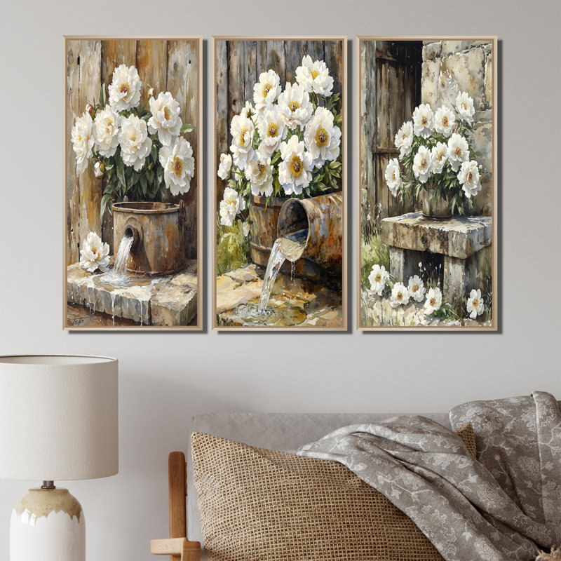 Pivoines par l'arrosage I - Collection d'art mural floral, H 40 po x l 60 po, Impression encadrée flottante, Crème