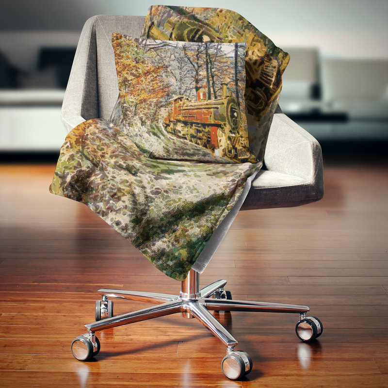 Coussin de peinture à l'huile paysage train en forêt, 16 po x 1 po, Coussin décoratif