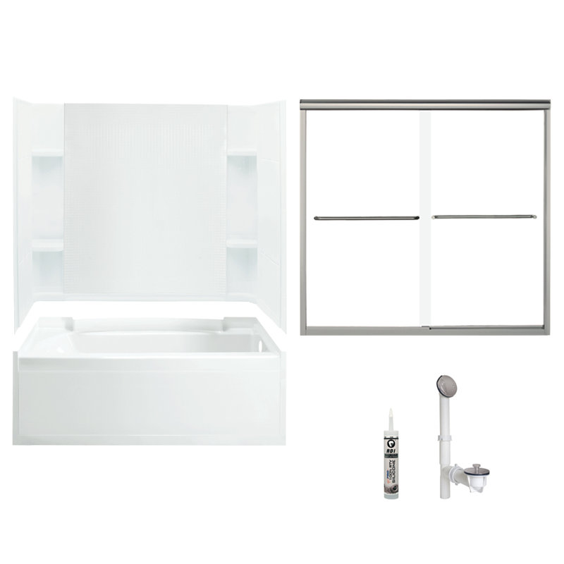Ensemble de baignoire et douche rectangulaire sans cadre avec porte-serviettes et base 60 po x l 74,25 po, Nickel