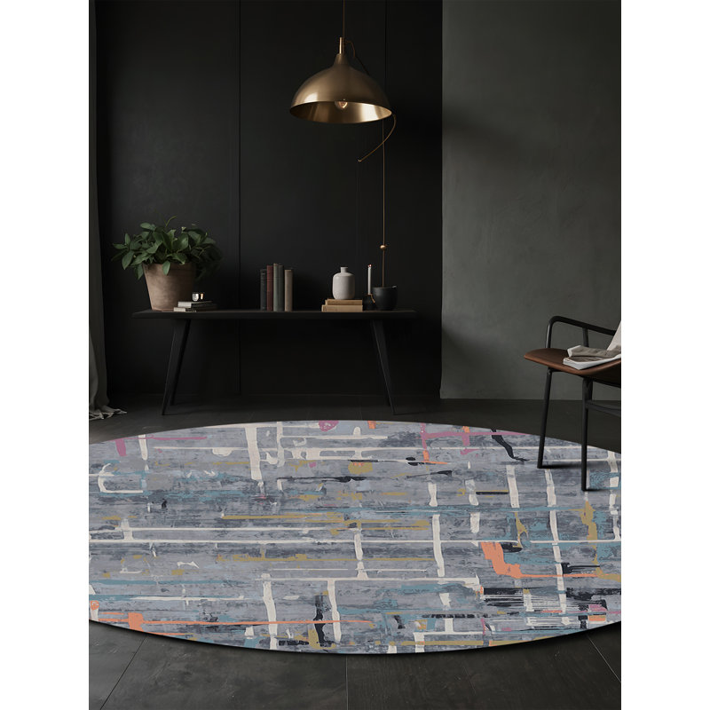 Machine Washable Gray Area Rug, Round 5'