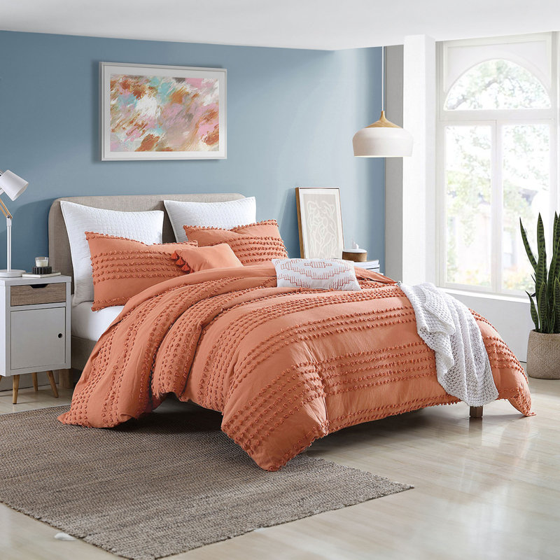 Swift Home Marilla 100% Cotton 5-Piece Clip Jacquard Pom Pom Texture Comforter Set - 2 Decorative Pillows Included - All-Seasonal Warmth, Durable, Easy Care