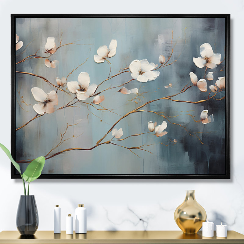 " Grey Blossoming Silhouettes ", 34" H x 44" W x 1.5" D, Black Floater Framed