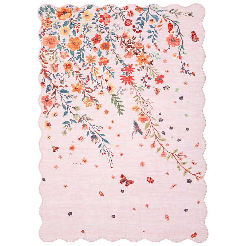 Washable Floral Area Rug Scalloped Non Slip Low Pile Carpet Mark Resistant Soft Collapsible Mat for Living Room Dining Room Bedroom Home Office