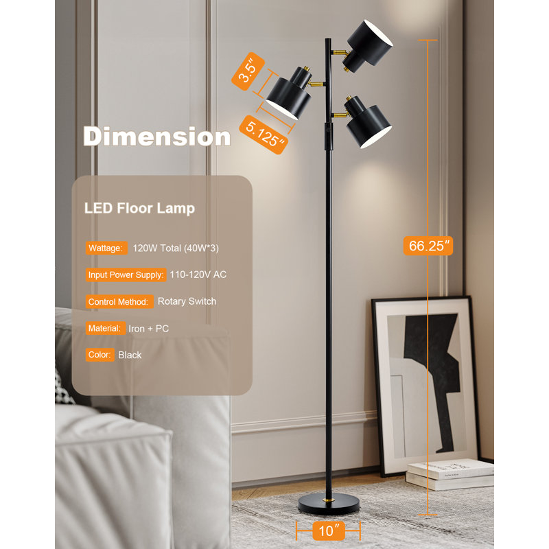 66.25" Modern Industrial Tree-shaped Floor Lamp.suitable For Living Room,bedroom And Office, Black