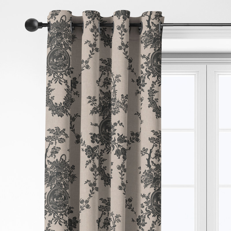 Country Lane Toile Ebony Cotton Grommet Top Drapery Panel Set of 2, 50" W x 168" L