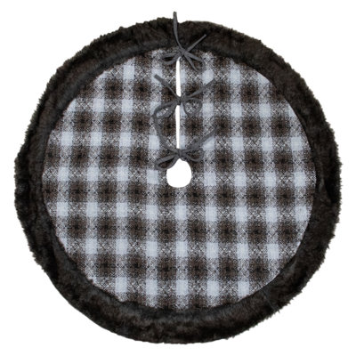 48" Brown and White Plaid Christmas Tree Skirt with Faux Fur