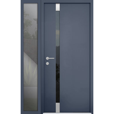 Front Exterior Prehung Steel Door Cynex 6777 Grey Side Exterior Window Stainless Inserts Single Modern Painted-W36+12 x H80-Right-hand Outswing