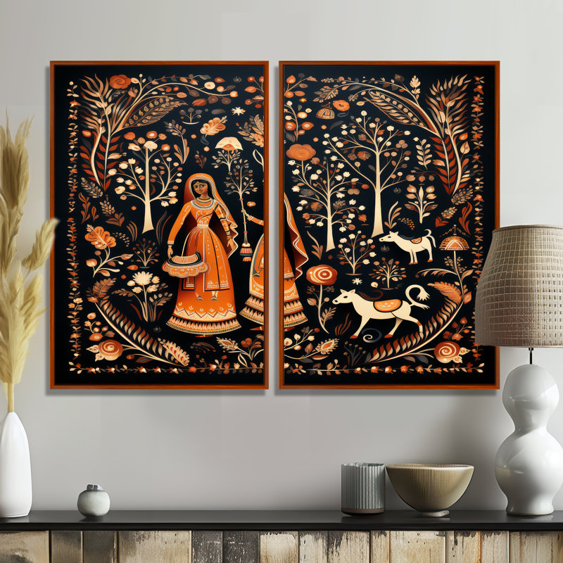 Indian Indian Rajasthani Folklore Tales II - décoration murale orange, Brun, H 36 po x l 48 po