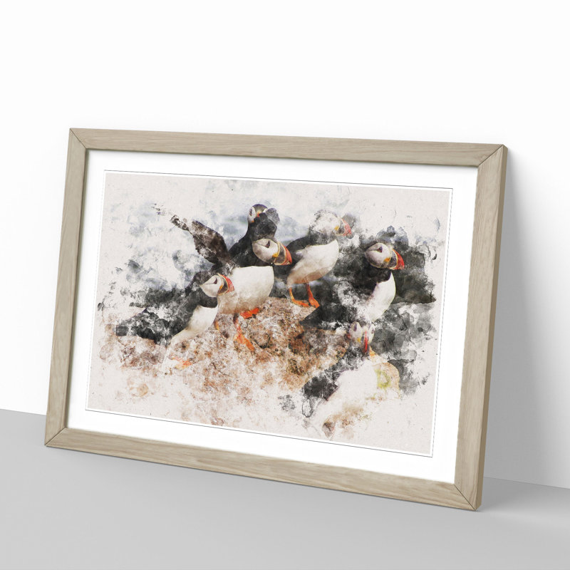 Atlantic Puffin Birds Vol.3 Watercolour - Picture Frame Graphic Art, Oak, 48cm H x 65cm W x 2cm D