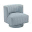 Fauteuil pivotant de luxe bleu avec rotation à 360°, revêtement en tissu texturé, dossier, base en métal, style moderne, rembourrage en mousse, idéal pour le salon.