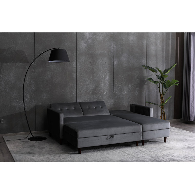 Comeaux 4 Seater Velvet Sofa Bed, Grey