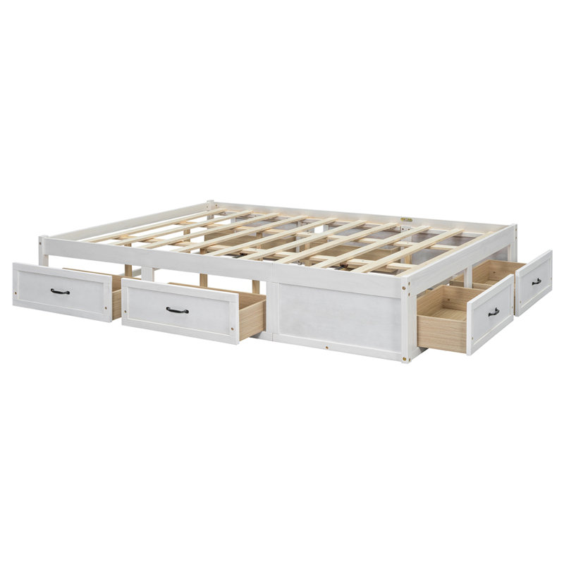 Queen Size Platform Bed with 6 Storage Drawers, Antique White, Queen