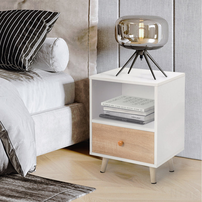 2 placards de chevet avec 1 tiroir et pieds courts, table de bout avec tablette de rangement, intérieur, blanc