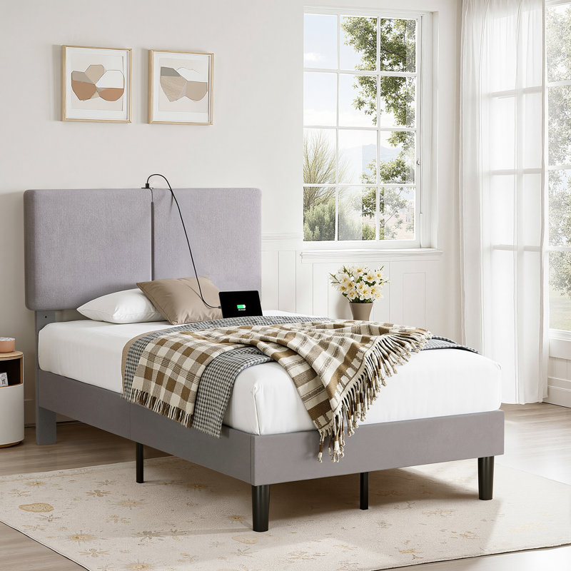 Lit tapissier avec station de charge, lit simple avec lattes en bois, lit plateforme avec tête de lit port USB moderne, sans sommier, gris