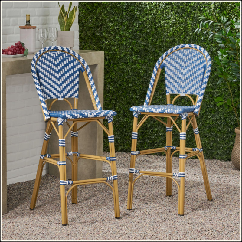 Tabouret de bar d'extérieur français en rotin de 29,5 po avec structure en aluminium et finition bambou (ensemble de 2), Bleu