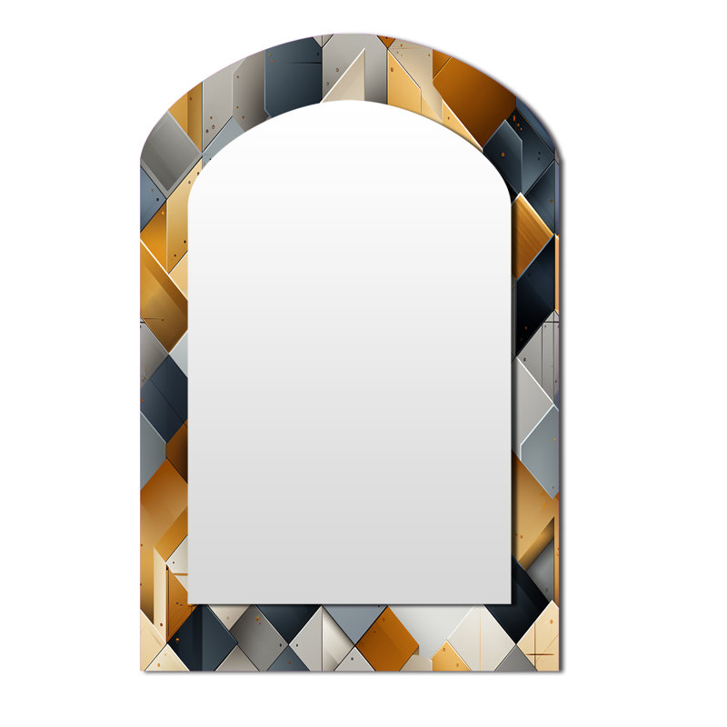 Grey Hexagons Dreams - Geometric Arch Decorative Mirror, Grey Asymmetrical Wall Mirror, Printed Metal Art, 43" x 33"